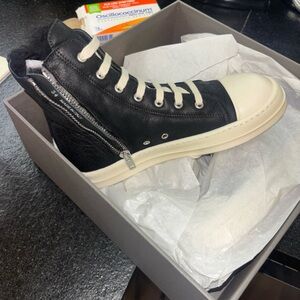 Rick Owens Black and Cream High-Top Sneakers